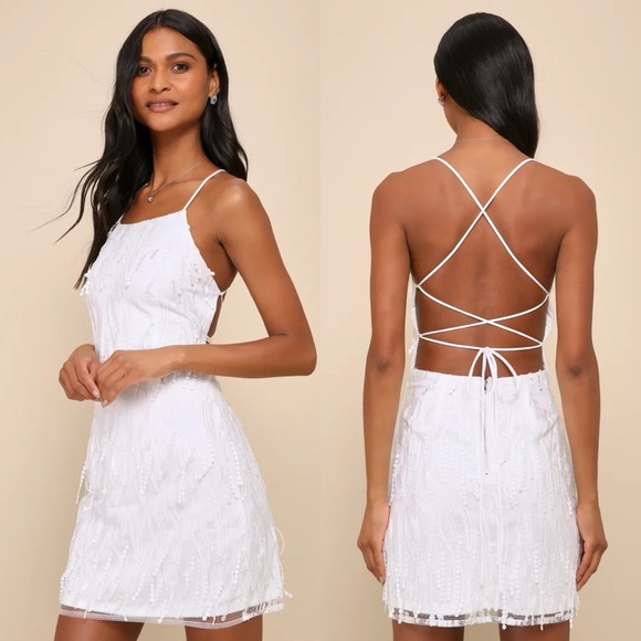 Lulus | Making Magic White Fringe Lace-Up Mini Dress - Picture 1 of 7